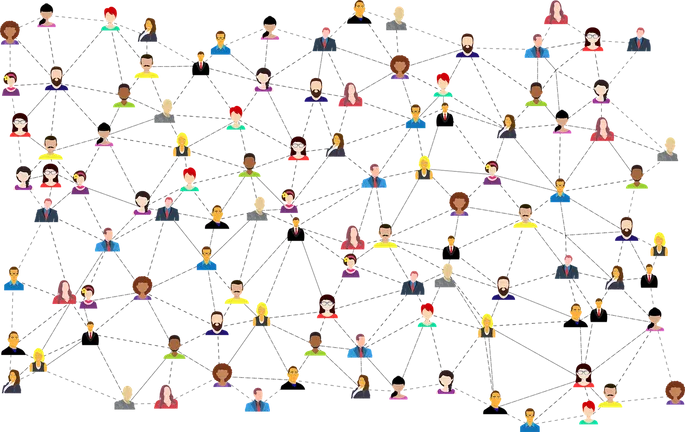 a colourful web of illustrated characters all connected with lines