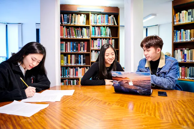 Students talking while studying at a round table surrounded by bookshelves