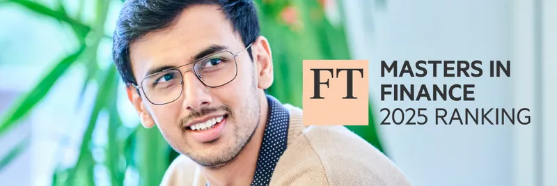 student sitting near plants smiling into the distance with the FT Masters in Finance 2025 logo to his right