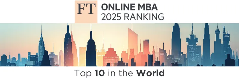 city skyline at dusk with Financial Times Online MBA 2025 ranking logo above it