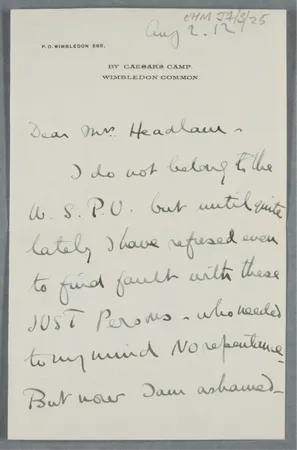 Letter written in ink addressed to Else Headlum Morley, a campaigner for women’s suffrage.