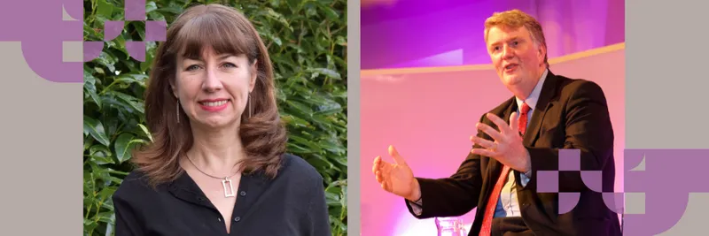 Anna Rowlands smiling at the camera wearing a dark top and David Wilkinson wearing a dark suit talking on a stage
