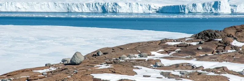 Rock and ice in the foreground with sea and ice in the background.