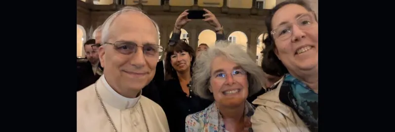 A selfie showing the new Pope Leo XIV with three women including Professor Anna Rowlands
