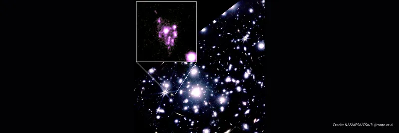 Near-infrared images taken by JWST of the galaxy cluster “RXCJ0600-2007,” which causes a powerful gravitational lensing effect. Unprecedented high-resolution observations unveiled the structure of a distant galaxy in the early universe — composed of more than 15 compact star-forming clumps arranged like a “bunch of grapes” (zoom-in panel).