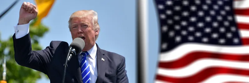 Donald Trump wearing a suit, standing with his fist raised near an American flag
