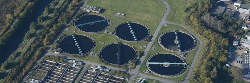 Aerial view of a sewage treatment works.