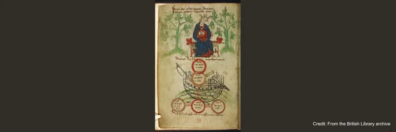 King Henry I on his throne, mourning. Table of his children and Matilda's two sons. The White Ship is depicted in a disabled condition behind.