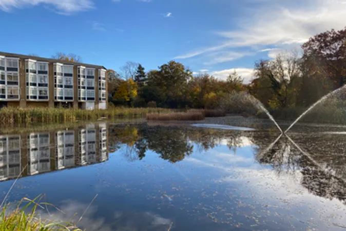 The college grounds on a sunny, clear day