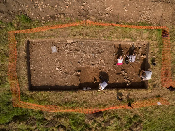 Arial view of students undertaking field work at Lindisfarne