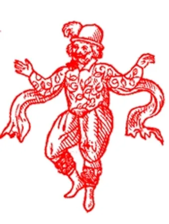 Red engraving of a medieval man dancing, with ribbons hanging from his arms