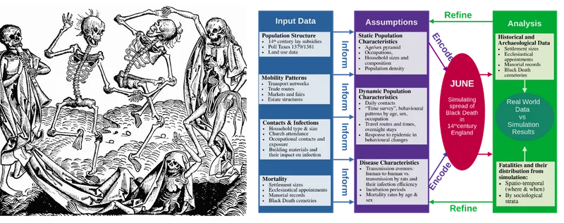 To the left a black and white image of skeletons. On the right a colour diagram depicting social connectivity