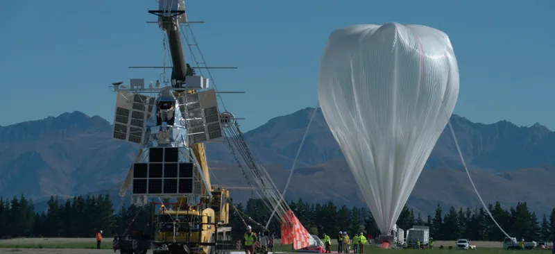 SuperBIT waiting for launch while its giant helium balloon is inflated