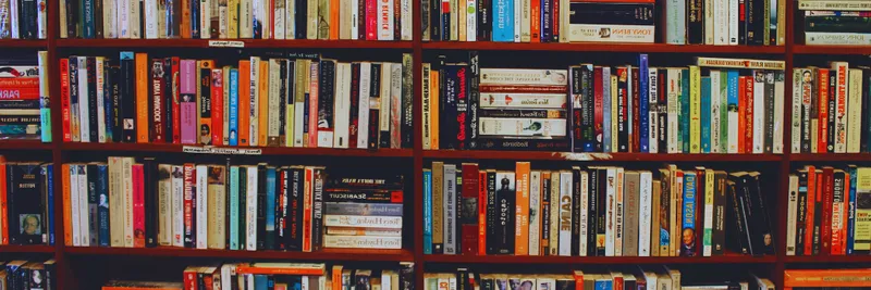 Books lined up on bookshelves