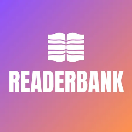 White text saying 'ReaderBank' and the logo resembling an open book on a purple-orange gradient background