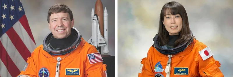 Astronauts Michael Barratt and Naoko Yamazaki in orange NASA space suits
