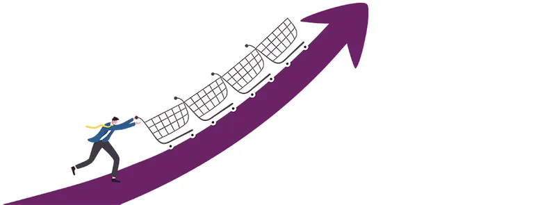 Illustration of man pushing trolleys up purple arrow