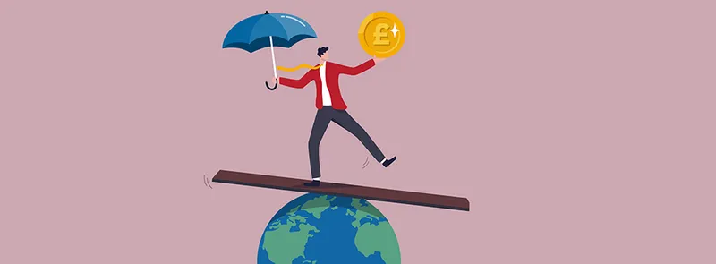 Illustration of man balancing on plank with world in one hand and coin in the other