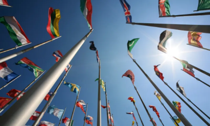 International flags against blue sky