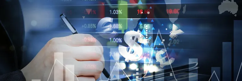 Businesswoman stock market trading with currency symbols and charts in the background
