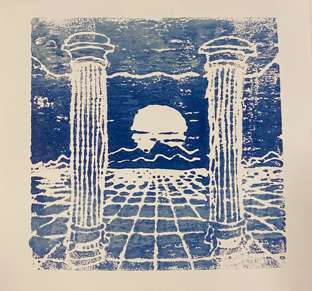Lino Print of sun set between two columns