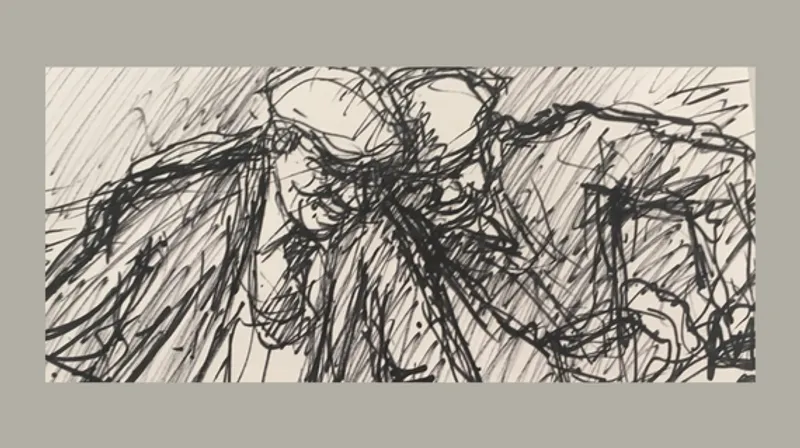 Sketch drawing executed in black pen showing the upper torsos of two men sitting close together chatting, both are wearing flat caps, their heads together.
