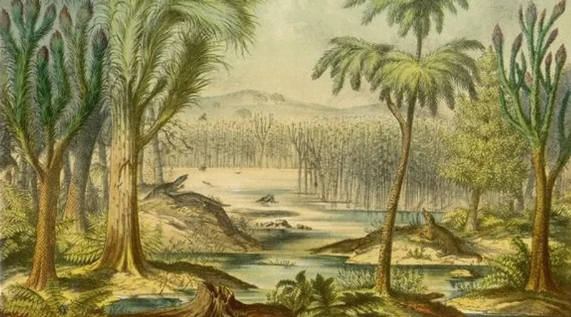 A painting depicting the Carboniferous Period of the Paleozoic Era.