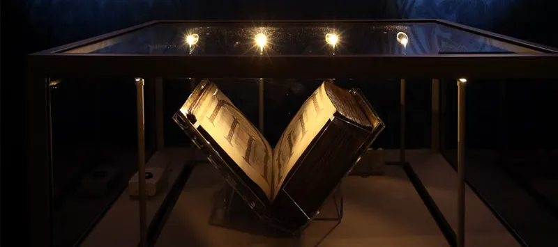 The Lindisfarne Gospels book in display case
