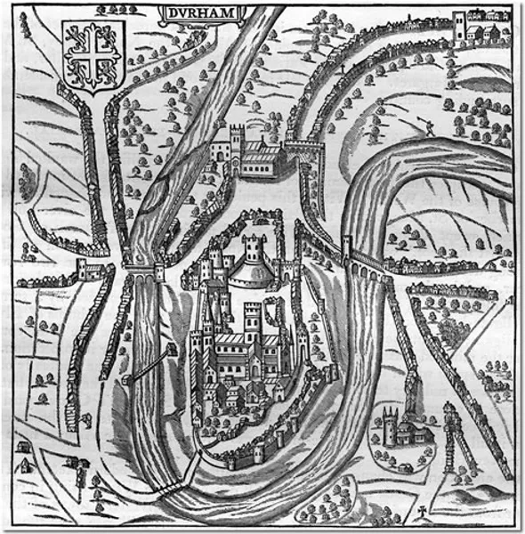 Archival map showing the Durham Market place in the Speed Atlas, 16th century