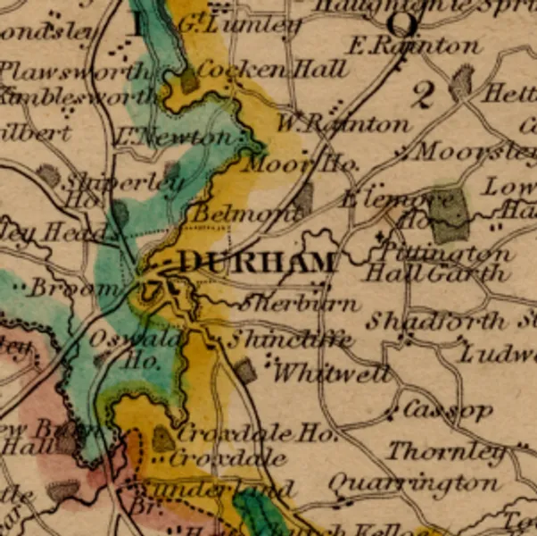 Cropped portion of 19th century map of County Durham showing Durham City and the surrounding area.