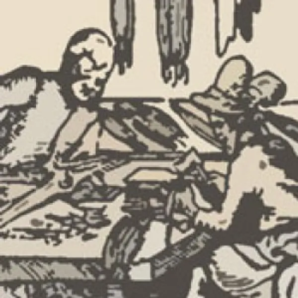 Zoomed in image from a woodcut print, showing three Tudor men working in a leather workshop. Two of the men are bent over a table as they work on pieces of leather. The third is standing and working on a larger piece of leather on a frame, using a curved blade.