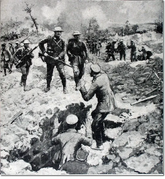 Picture of a group of three British soldiers from the First World War armed with rifles and pistols approaching the entrance to an underground bunker, out of which three German soldiers are emerging, two with their hands up in a sign of surrender. The ground is covered in snow and rubble. In the background, there are more British soldiers capturing Germans or marching.