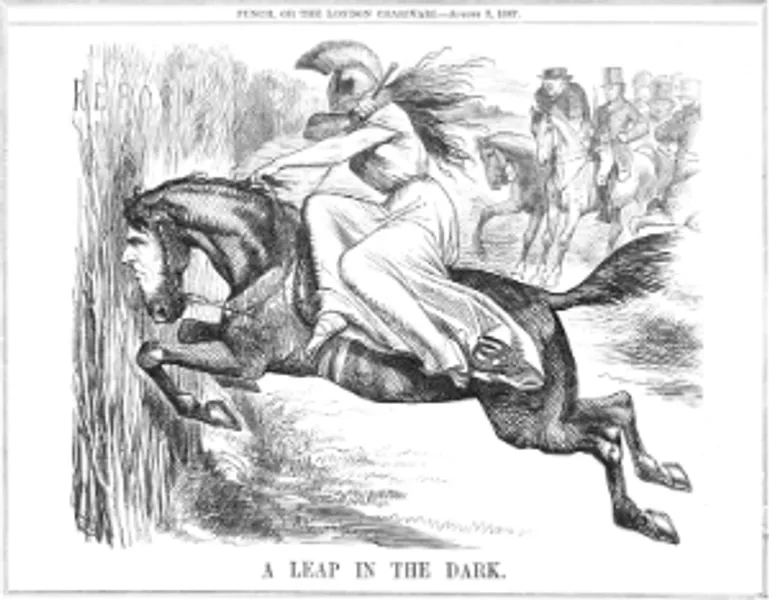 Black and white print showing a political cartoon. Britannia as a robed woman wearing a classical helmet rides a horse with Benjamin Disraeli’s face into long grass marked ‘Reform’