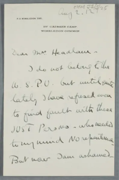 Letter written in ink addressed to Else Headlum Morley, a campaigner for women’s suffrage.