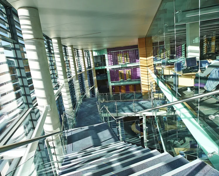 Internal view of the main staircase of the Bill Bryson Library