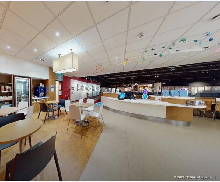 Im age of oriental Museum reception desk and cafe seating area taken form the 3D virtual tour