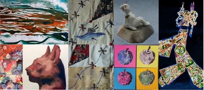 Collage of works by different artists featured in the Interface Arts Exhibition