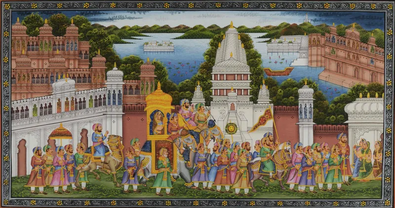 Painting depicting a procession of people in traditional Indian costume, some walking, others riding a camel, elephants and horses. In the background are a series of buildings made from red or white stone and beyond that is a lake with buildings on stilts and hills in the far distance.