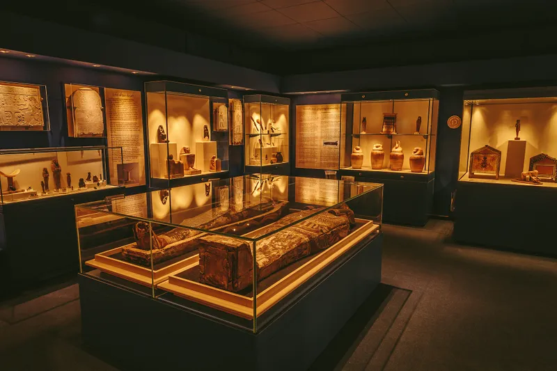 View of display cases in the Thacker Gallery of Ancient Egypt with mummy and her coffin in the foreground and other funerary equipment in the display cases behind