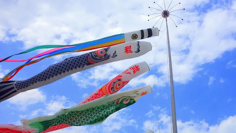 4 coloured Japanese carp banners attached to a flag pole blowing in the wind