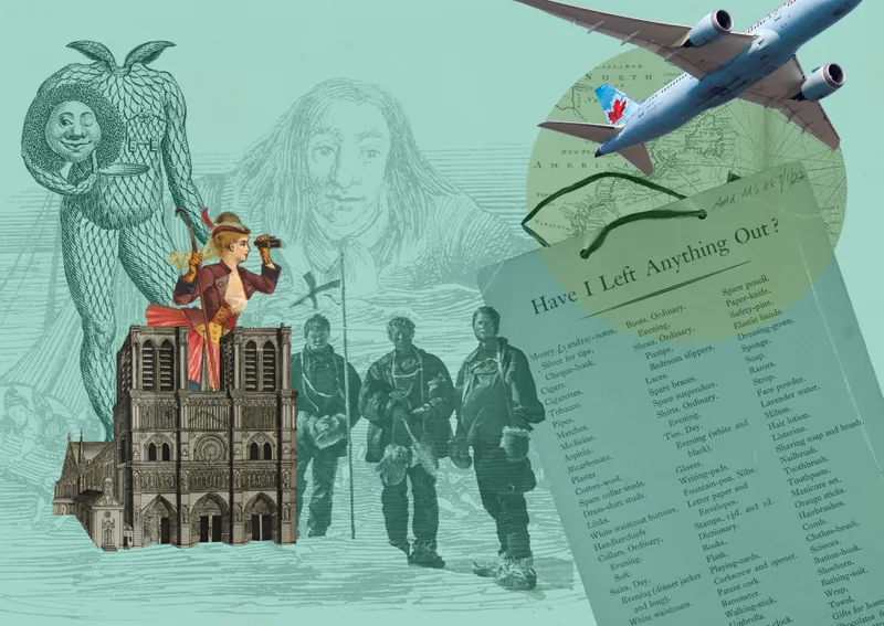 Collage image of items included in the Journeys exhibition, including a giant from Gulliver’s Travels, a tourist with binoculars, Notre Dame Cathedral, a plane, a world map, three arctic explorers and an aeroplane.