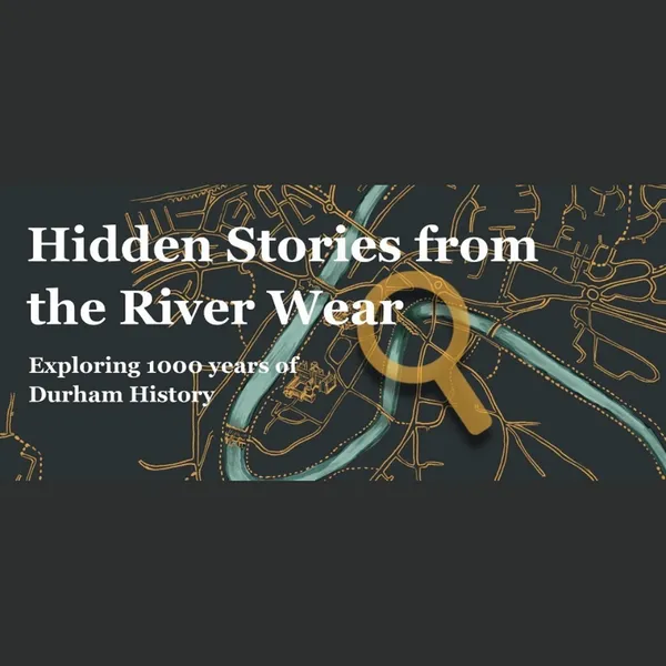 River Wear Exhibition logo showing outline of the river and map of Durham from above