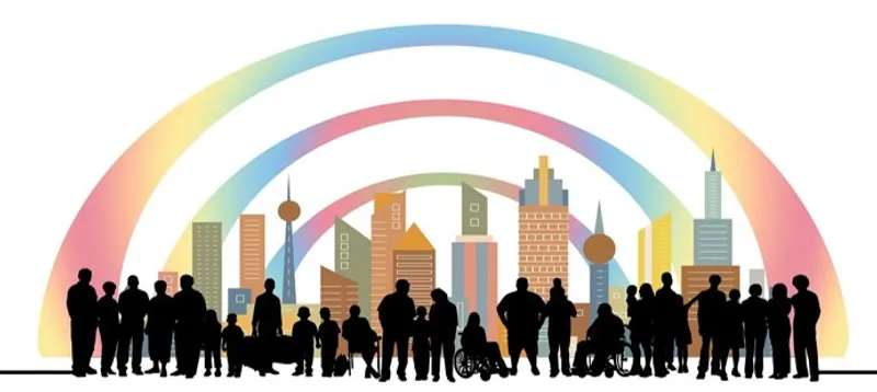 Illustration showing silhouette people against colourful world landmarks