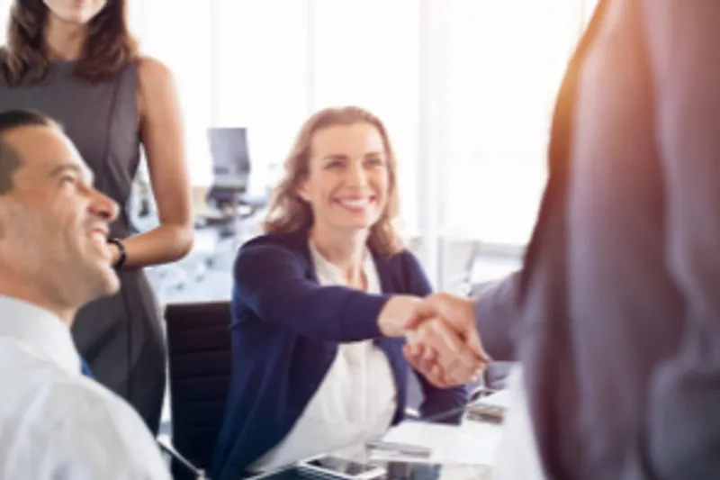 Seated busineswoman shaking hands with standing man in an office