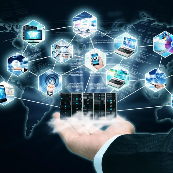 Businessman's hand showing the concept of internet and information technology
