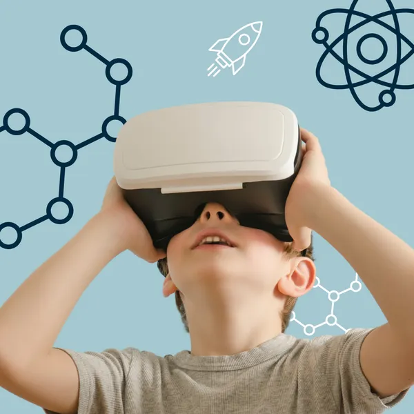 Child wearing a VR headset, surrounded by various scientific illustrations
