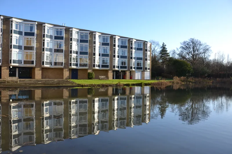 Van Mildert College building reflected in the duck pond