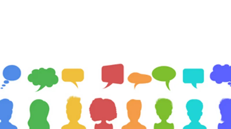 Graphic of a group of peoples heads with speech bubbles above them