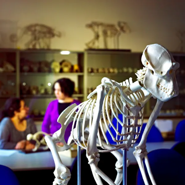 skeleton with students working in the background