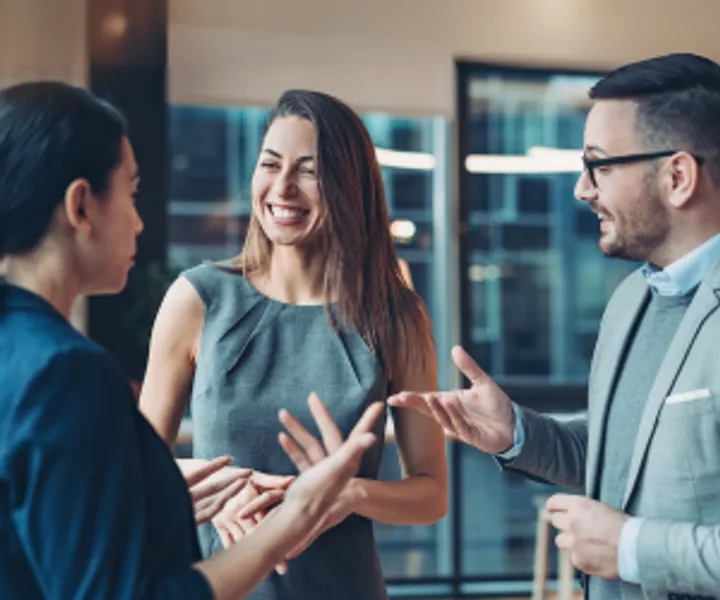 Alumni chatting in a networking situation (Canva pro)